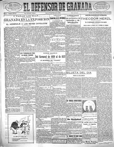 'El Defensor de Granada  : diario político independiente' - Año L Número 26154 Ed. Mañana - 1929 Febrero 14