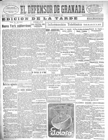 'El Defensor de Granada  : diario político independiente' - Año L Número 26155 Ed. Tarde - 1929 Febrero 14