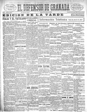 'El Defensor de Granada  : diario político independiente' - Año L Número 26157 Ed. Tarde - 1929 Febrero 15