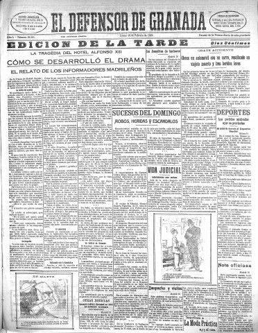'El Defensor de Granada  : diario político independiente' - Año L Número 26161 Ed. Tarde - 1929 Febrero 18