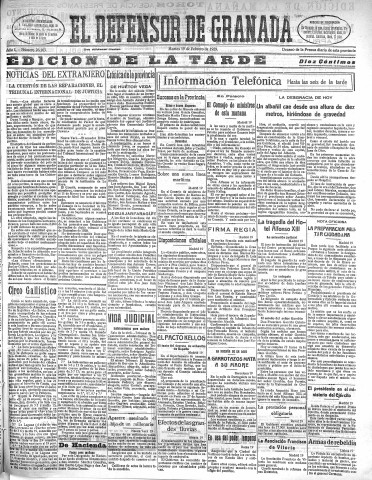 'El Defensor de Granada  : diario político independiente' - Año L Número 26163 Ed. Tarde - 1929 Febrero 19