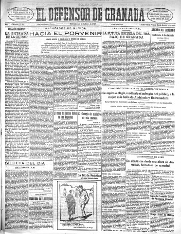'El Defensor de Granada  : diario político independiente' - Año L Número 26164 Ed. Mañana - 1929 Febrero 20
