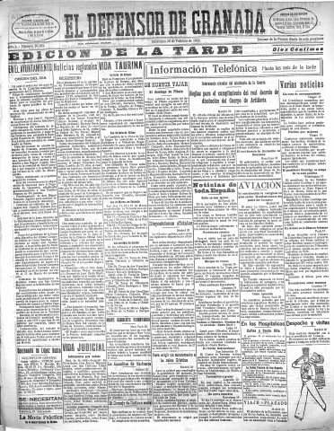 'El Defensor de Granada  : diario político independiente' - Año L Número 26165 Ed. Tarde - 1929 Febrero 20