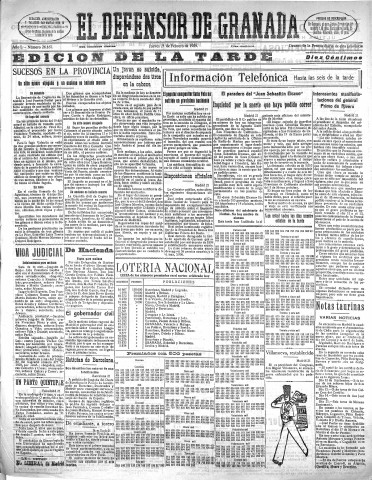 'El Defensor de Granada  : diario político independiente' - Año L Número 26167 Ed. Tarde - 1929 Febrero 21