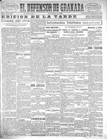 'El Defensor de Granada  : diario político independiente' - Año L Número 26169 Ed. Tarde - 1929 Febrero 22