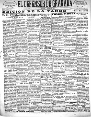 'El Defensor de Granada  : diario político independiente' - Año L Número 26177 Ed. Tarde - 1929 Febrero 27