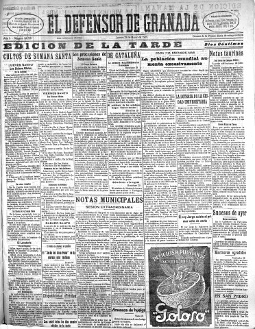 'El Defensor de Granada  : diario político independiente' - Año L Número 26227 Ed. Tarde - 1929 Marzo 28