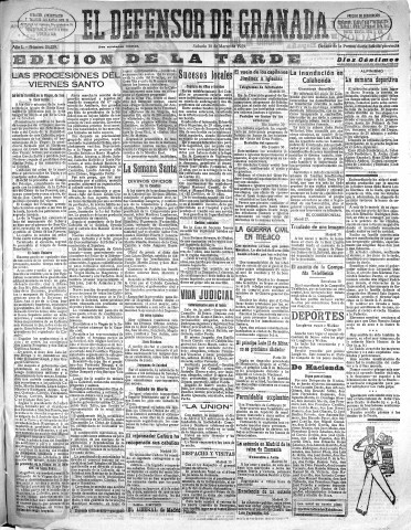 'El Defensor de Granada  : diario político independiente' - Año L Número 26229 Ed. Tarde - 1929 Marzo 30