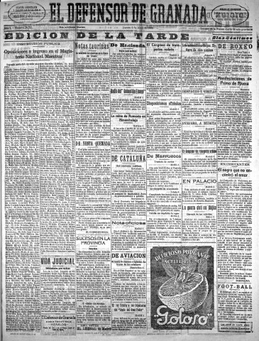 'El Defensor de Granada  : diario político independiente' - Año L Número 26237 Ed. Tarde - 1929 Abril 04