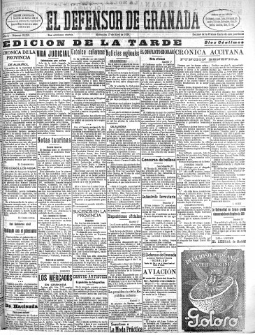 'El Defensor de Granada  : diario político independiente' - Año L Número 26260 Ed. Tarde - 1929 Abril 17