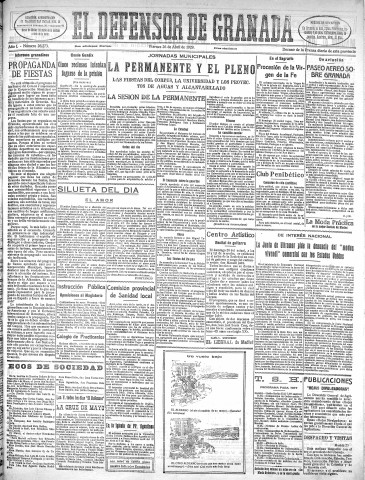 'El Defensor de Granada  : diario político independiente' - Año L Número 26273 Ed. Mañana - 1929 Abril 26