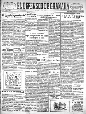 'El Defensor de Granada  : diario político independiente' - Año L Número 26275 Ed. Mañana - 1929 Abril 27