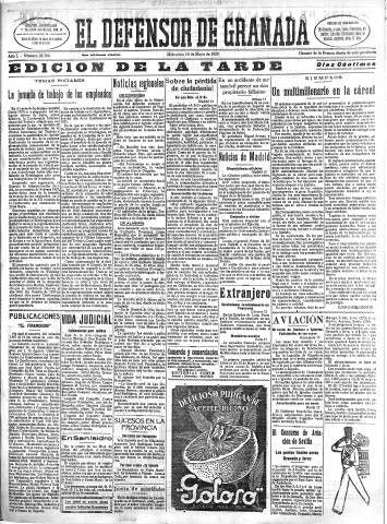 'El Defensor de Granada  : diario político independiente' - Año L Número 26302 Ed. Tarde - 1929 Mayo 15