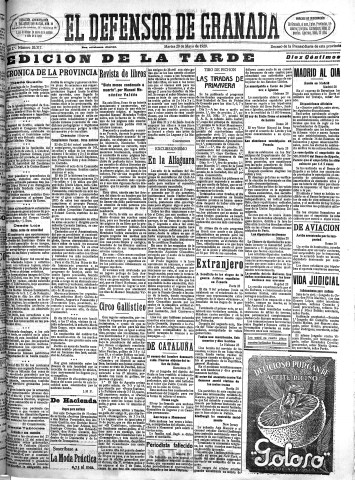 'El Defensor de Granada  : diario político independiente' - Año L Número 26317 Ed. Tarde - 1929 Mayo 28