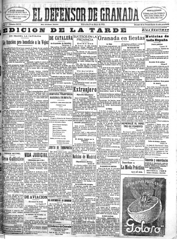 'El Defensor de Granada  : diario político independiente' - Año L Número 26319 Ed. Tarde - 1929 Mayo 29