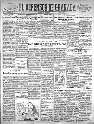 'El Defensor de Granada  : diario político independiente' - Año L Número 26338 Ed. Mañana - 1929 Junio 05