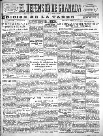 'El Defensor de Granada  : diario político independiente' - Año L Número 26378 Ed. Tarde - 1929 Junio 27