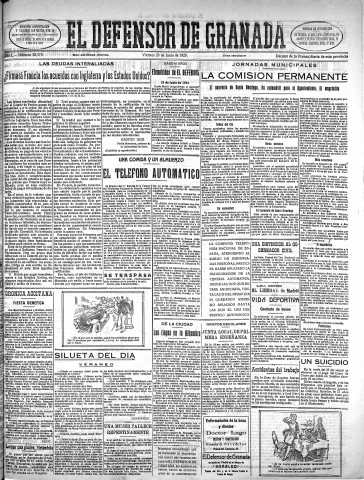 'El Defensor de Granada  : diario político independiente' - Año L Número 26379 Ed. Mañana - 1929 Junio 28
