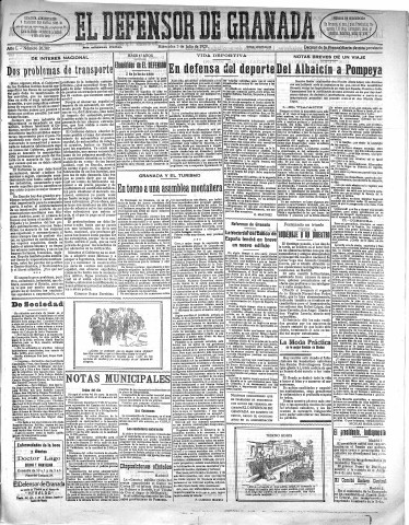 'El Defensor de Granada  : diario político independiente' - Año L Número 26387 Ed. Mañana - 1929 Julio 03