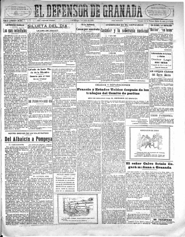 'El Defensor de Granada  : diario político independiente' - Año L Número 26395 Ed. Mañana - 1929 Julio 07