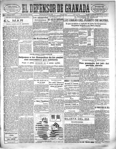 'El Defensor de Granada  : diario político independiente' - Año L Número 26427 Ed. Mañana - 1929 Julio 26