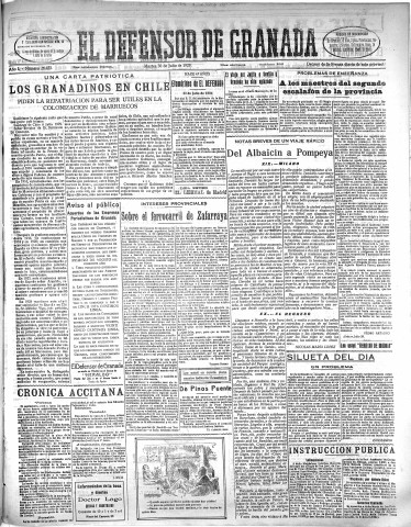 'El Defensor de Granada  : diario político independiente' - Año L Número 26433 Ed. Mañana - 1929 Julio 30
