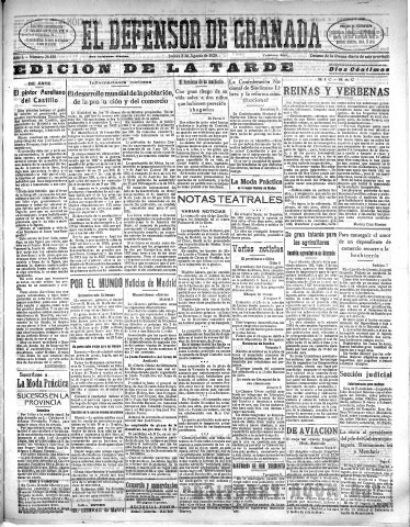 'El Defensor de Granada  : diario político independiente' - Año L Número 26450 Ed. Tarde - 1929 Agosto 08