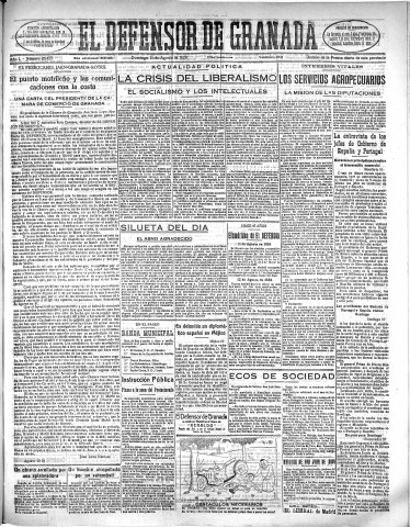 'El Defensor de Granada  : diario político independiente' - Año L Número 26455 Ed. Mañana - 1929 Agosto 11