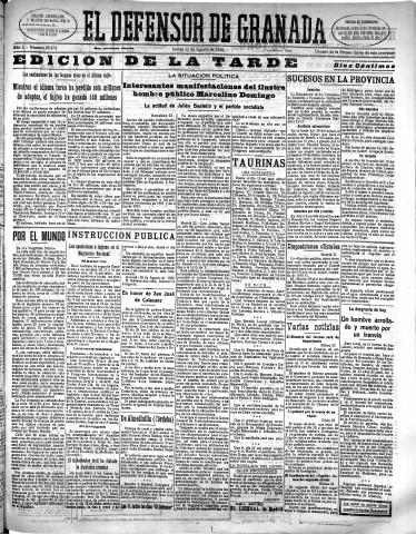 'El Defensor de Granada  : diario político independiente' - Año L Número 26474 Ed. Tarde - 1929 Agosto 22