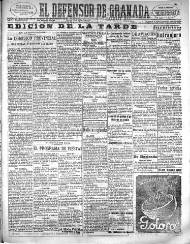 'El Defensor de Granada  : diario político independiente' - Año L Número 26476 Ed. Tarde - 1929 Agosto 23