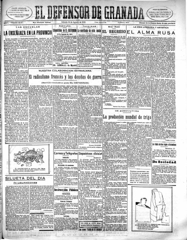 'El Defensor de Granada  : diario político independiente' - Año L Número 26477 Ed. Mañana - 1929 Agosto 24