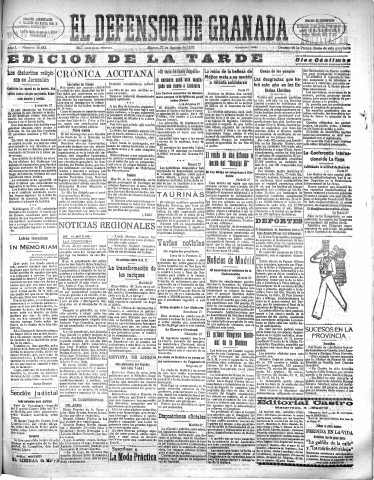 'El Defensor de Granada  : diario político independiente' - Año L Número 26482 Ed. Tarde - 1929 Agosto 27