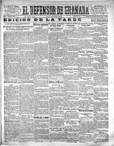 'El Defensor de Granada  : diario político independiente' - Año L Número 26497 Ed. Tarde - 1929 Septiembre 05