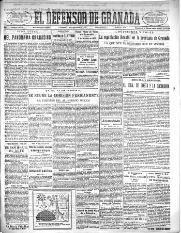 'El Defensor de Granada  : diario político independiente' - Año L Número 26534 Ed. Mañana - 1929 Septiembre 27
