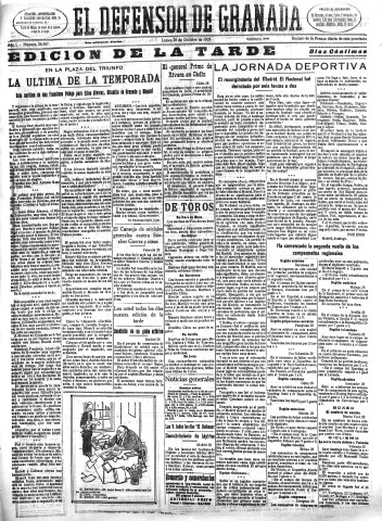 'El Defensor de Granada  : diario político independiente' - Año L Número 26587 Ed. Tarde - 1929 Octubre 28