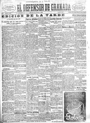 'El Defensor de Granada  : diario político independiente' - Año L Número 26591 Ed. Tarde - 1929 Octubre 30