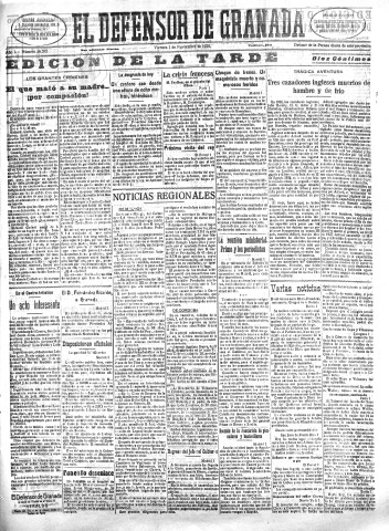 'El Defensor de Granada  : diario político independiente' - Año L Número 26595 Ed. Tarde - 1929 Noviembre 01