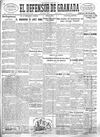 'El Defensor de Granada  : diario político independiente' - Año L Número 26687 Ed. Tarde - 1929 Diciembre 26