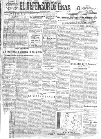 'El Defensor de Granada  : diario político independiente' - Año LI Número 26696 Ed. Mañana - 1930 Enero 01