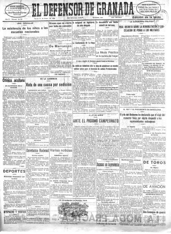 'El Defensor de Granada  : diario político independiente' - Año LI Número 26720 Ed. Tarde - 1930 Enero 14