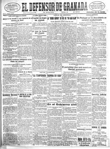 'El Defensor de Granada  : diario político independiente' - Año LI Número 27238 Ed. Tarde - 1930 Diciembre 04