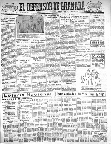 'El Defensor de Granada  : diario político independiente' - Año LII Número 27284 Ed. Tarde - 1931 Enero 02