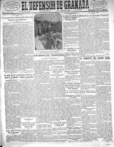 'El Defensor de Granada  : diario político independiente' - Año LII Número 27290 Ed. Tarde - 1931 Enero 06