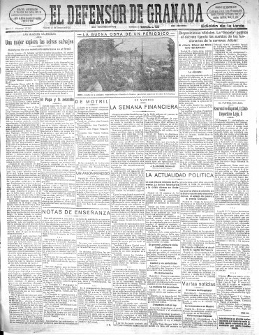 'El Defensor de Granada  : diario político independiente' - Año LII Número 27302 Ed. Tarde - 1931 Enero 13