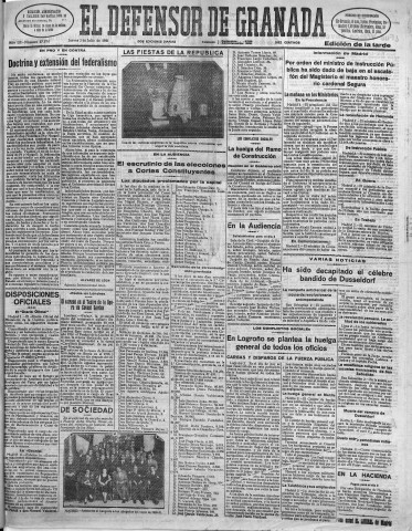 'El Defensor de Granada  : diario político independiente' - Año LII Número 27574 Ed. Tarde - 1931 Julio 02