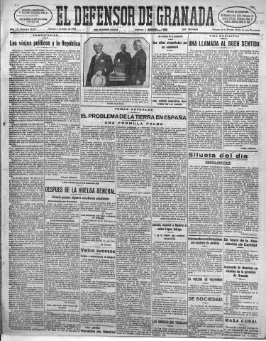 'El Defensor de Granada  : diario político independiente' - Año LII Número 27577 Ed. Mañana - 1931 Julio 04