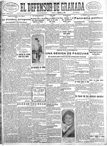 'El Defensor de Granada  : diario político independiente' - Año LII Número 27890 Ed. Mañana - 1931 Diciembre 27