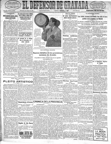 'El Defensor de Granada  : diario político independiente' - Año LIII Número 27907 Ed. Tarde - 1932 Enero 06