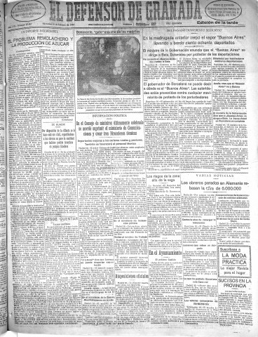 'El Defensor de Granada  : diario político independiente' - Año LIII Número 27967 Ed. Tarde - 1932 Febrero 10