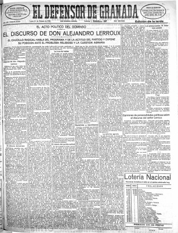 'El Defensor de Granada  : diario político independiente' - Año LIII Número 27987 Ed. Tarde - 1932 Febrero 22